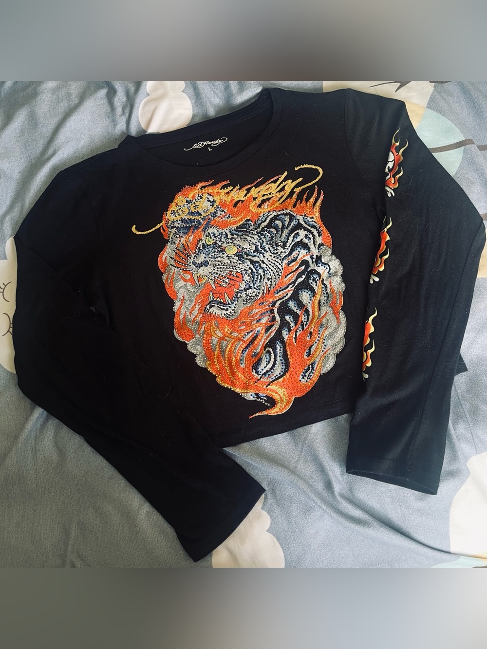 Ed Hardy Tattoo Embellished Rhinestone Tiger Flame Long Sleeve Top Y2K